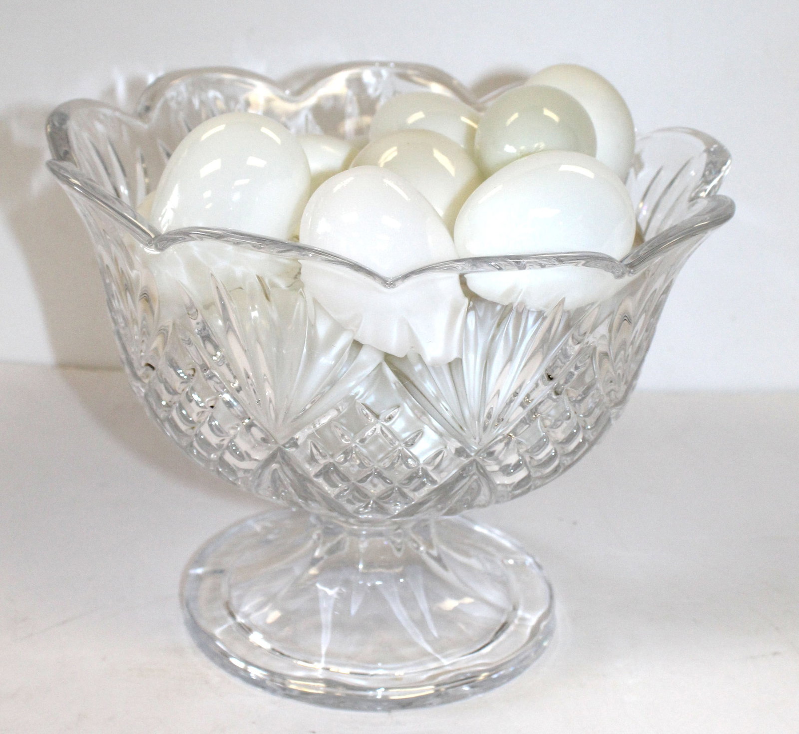 Large lot of glass eggs in cut glass bowl - eggs are 2 1/2"-3": Large lot of glass eggs in cut glass bowl - eggs are 2 1/2"-3"