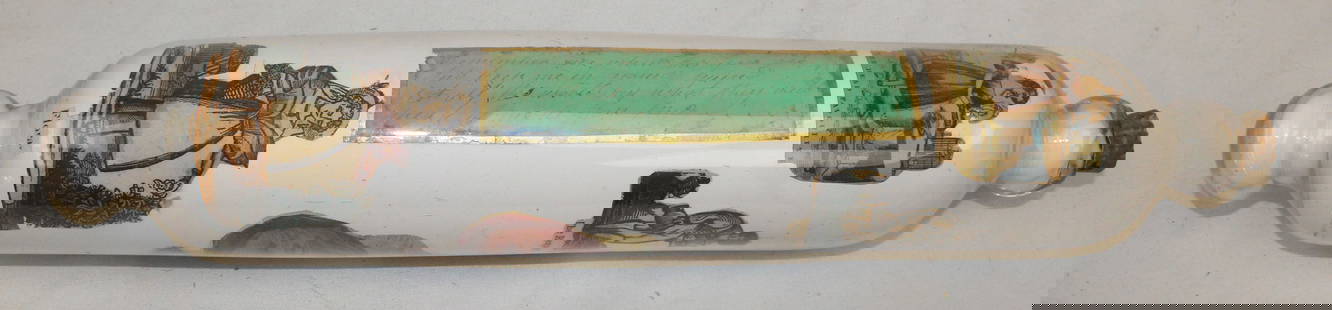 Antique potichomania milk glass rolling pin/salt flask probably from the Lyndeboro: Antique potichomania milk glass rolling pin/salt flask probably from the Lyndeboro Glass Co in NH ca 1870 - 14" long