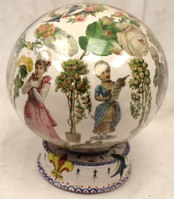 Antique potichomania milk glass sphere with porcelain base probably from the Lyndeboro Glass Co in