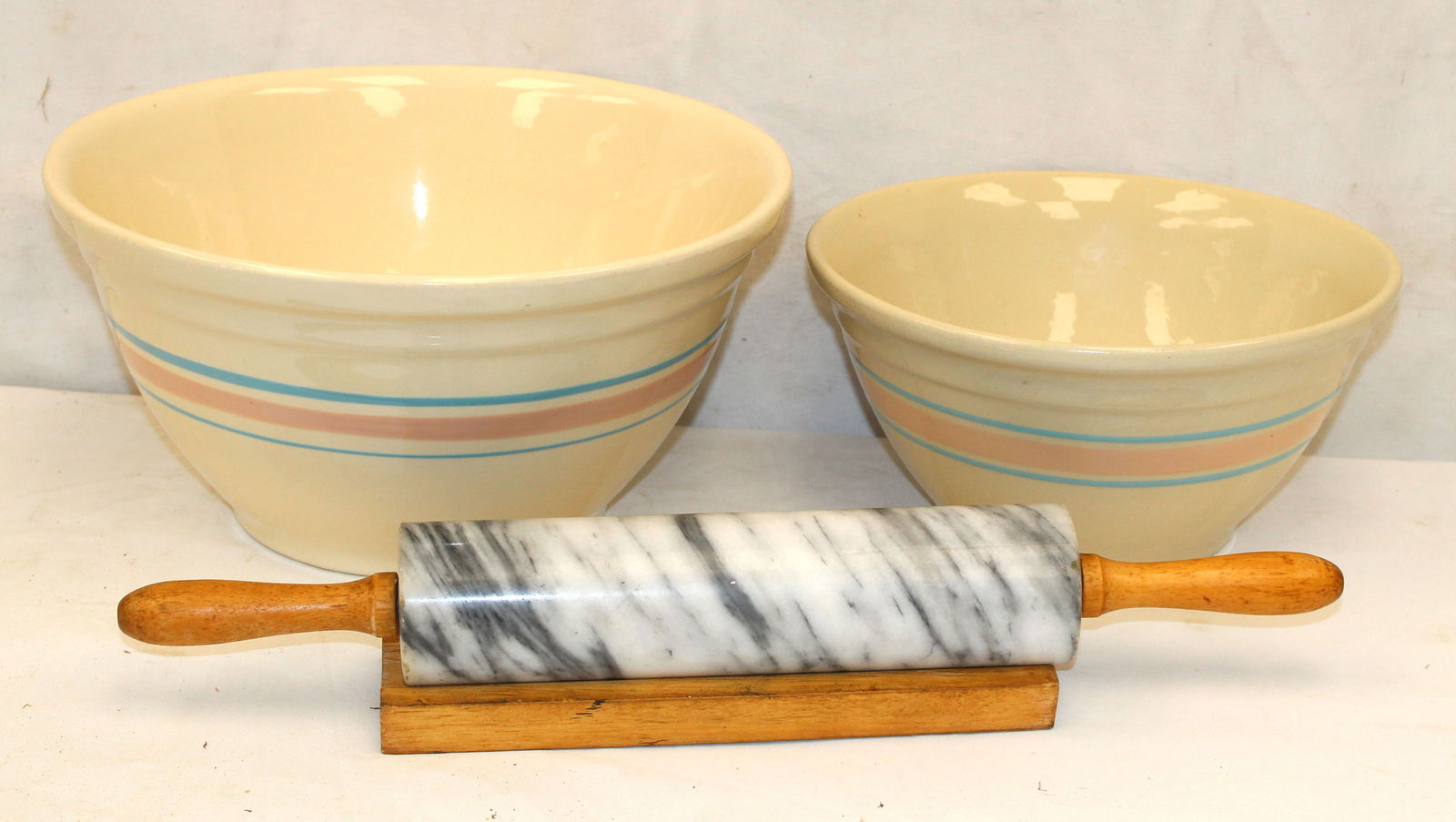 Lot of 2 earthenware mixing bowls w pink & blue stripes together w a marble rolling pin in holder - (1 of 6)