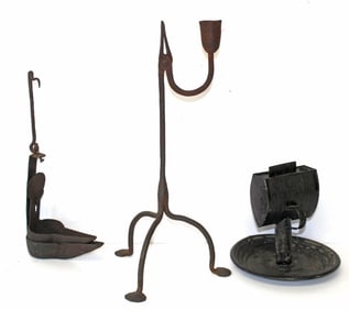 Lot of 3 antique tin & iron lighting devices - 6", 7" & 16"