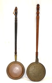 Lot of 2 antique wooden handled bed warmers w copper & brass pans - 42"x11" & 44"x11"