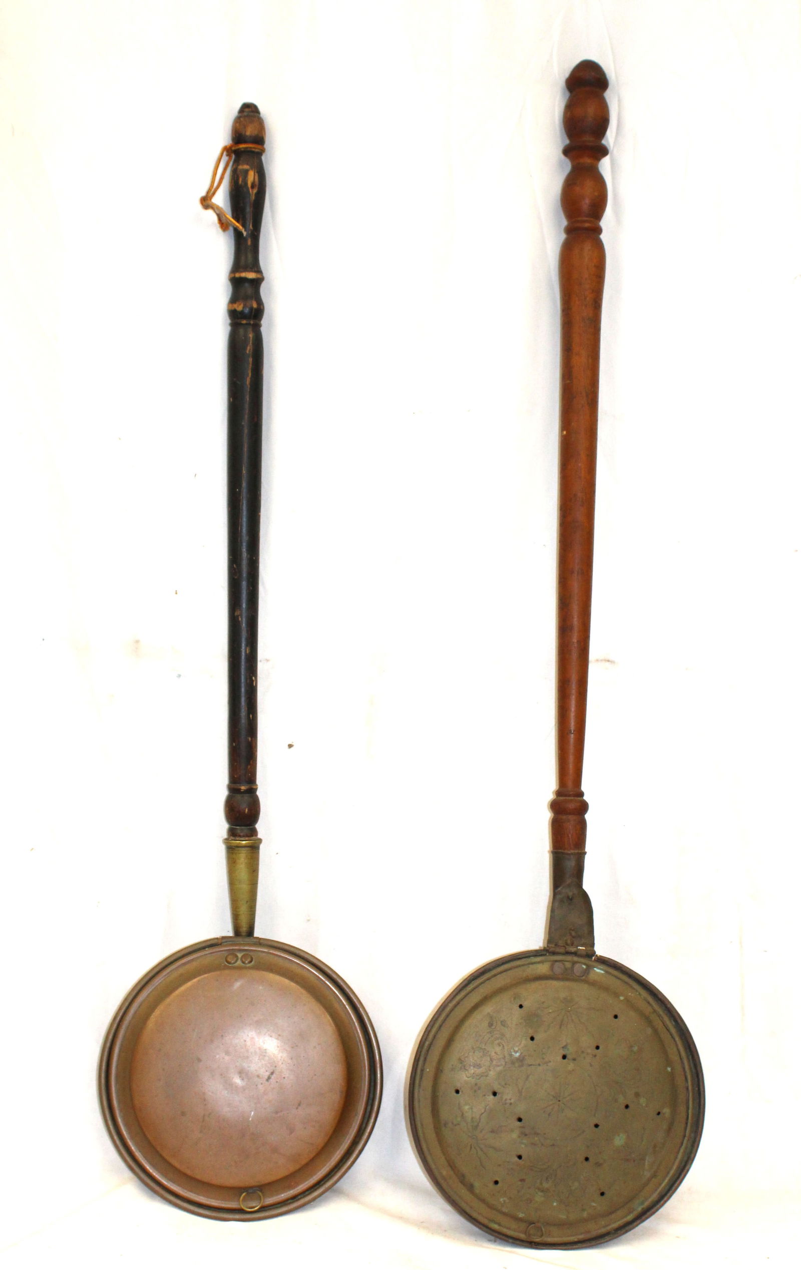 Lot of 2 antique wooden handled bed warmers w copper & brass pans - 42"x11" & 44"x11" (1 of 5)