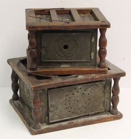 Lot of 2 antique punched tin & wood foot warmers w heart motif - 6"x11"x9 1/2" & 5 3/4"x9"x8"