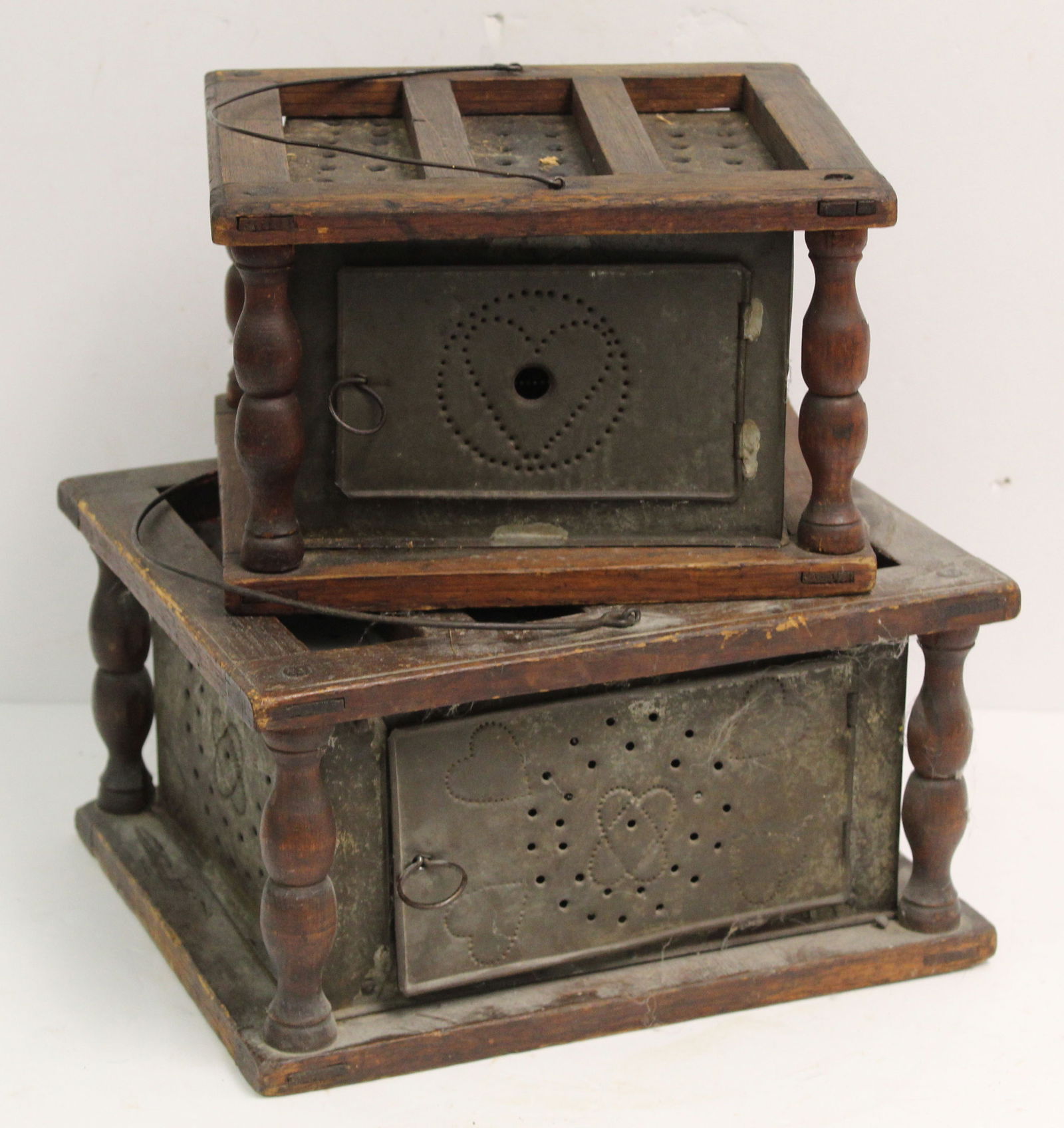 Lot of 2 antique punched tin & wood foot warmers w heart motif - 6"x11"x9 1/2" & 5 3/4"x9"x8" (1 of 6)