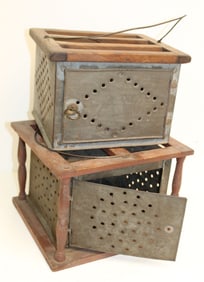Lot of 2 antique punched tin & wood foot warmers - 7"x10"x9" & 6 1/2"x9 1/2"x11 1/2"