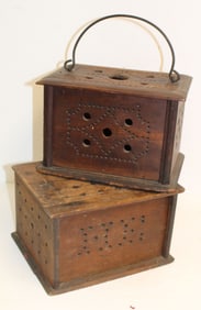 Lot of 2 antique pierced wooden foot warmers - 6"x10"x8" & 6 1/2"x10"x8"