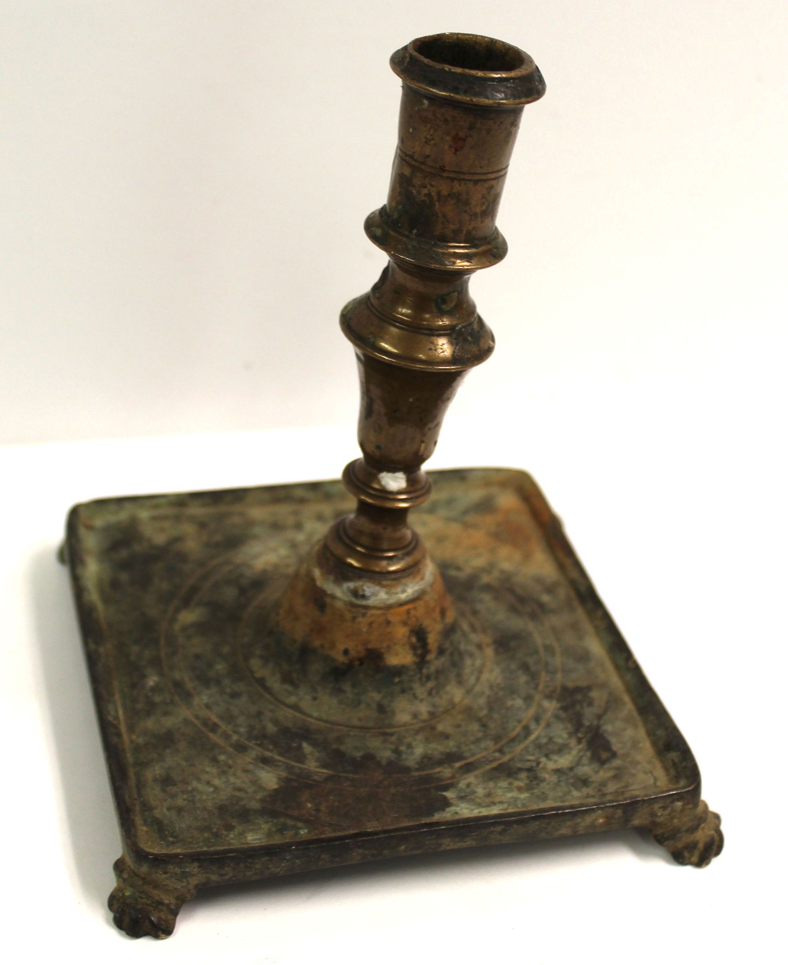 17thC Dutch brass square based candlestick - 6" (1 of 6)