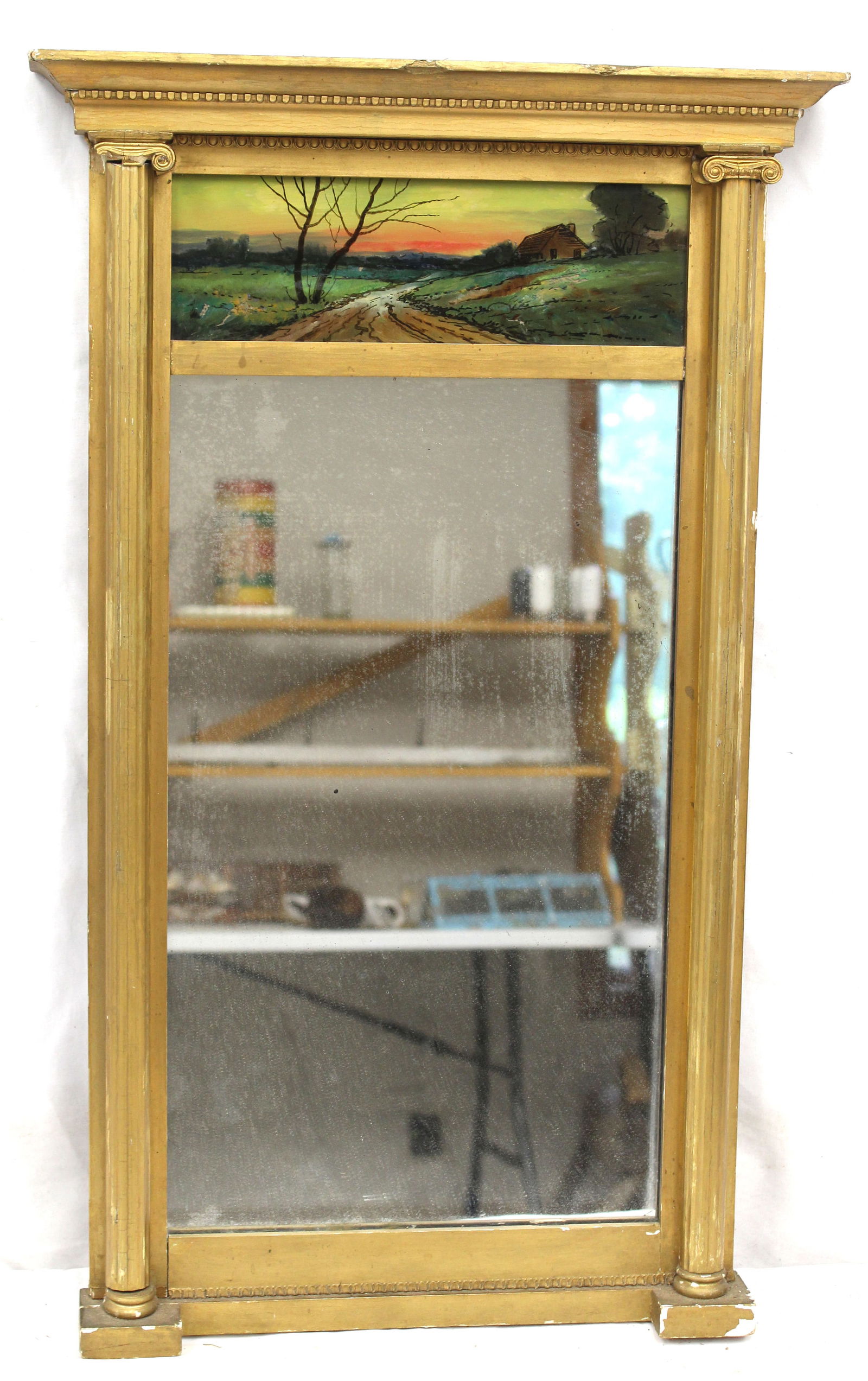 Antique Sheraton 2 section gold mirror w reverse painted scenic top panel - 29"x17 1/2" (1 of 7)