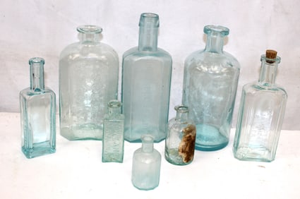Lot of 8 Boston aqua glass bottles - 2 1/2"-7 1/4"