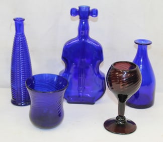 Lot of colored glass bottles incl 4 cobalt & 1 amethyst - 3 1/2"-8"