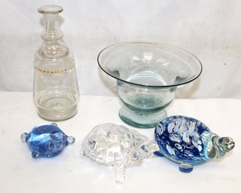 Lot of 5 glass items incl antique turtles, bowl & decanter - 3"-7"