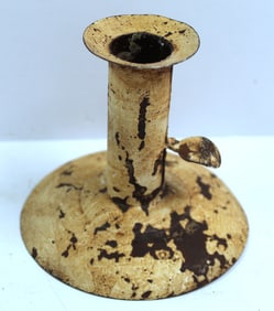 Antique painted white tin hogscraper push up candlestick - 3 1/2"