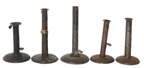 Lot of 5 antique hogscraper candlesticks incl 3 18thC cleated (1 w remains of brass wedding band) &