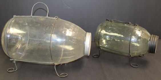 Lot of 2 glass & iron minnow catchers - 13"x7 1/2" tall & 9 1/2"x6" tall