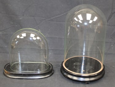 Lot of 2 glass cloches on wood bases - 9"x9"x4" & 13"x8"