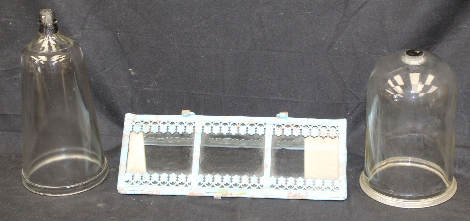 Lot of 2 antique glass cloches w a blue painted iron terrarium lid - 12", 14 1/4"x4" &9 1/2" (1 of 9)