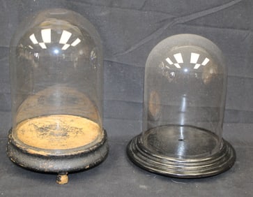 Lot of 2 glass cloches on wood bases - 10"x5" & 8"x7"