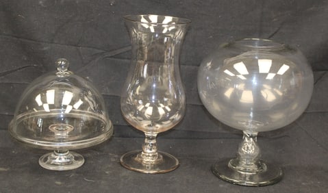 Lot of 3 antique glass items incl blown glass leech bowl, cake pedestal w dome & pedestal vase -
