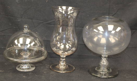 Lot of 3 antique glass items incl blown glass leech bowl, cake pedestal w dome & pedestal vase -: Lot of 3 antique glass items incl blown glass leech bowl, cake pedestal w dome & pedestal vase - 9"-11 1/2"