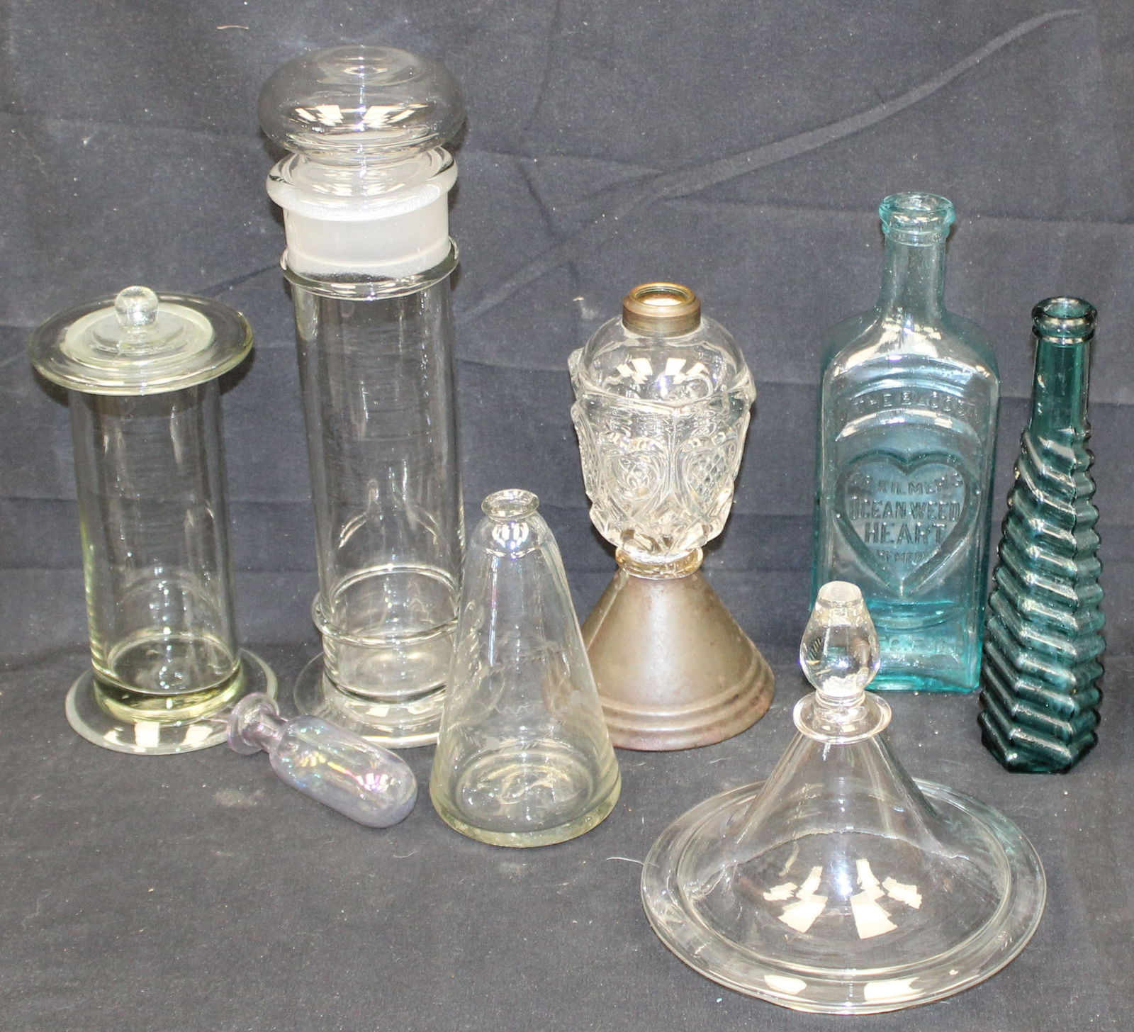 Lot of antique glass incl 2 apothecary cylindrical jars w lids, bottles, whale oil lamp, etc -: Lot of antique glass incl 2 apothecary cylindrical jars w lids, bottles incl Dr. Kilmers, whale oil lamp, etc - 6"-12"