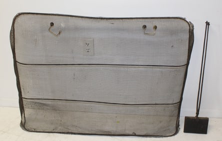 Antique fireplace screen w iron long handled cooking implement - 30" x44"