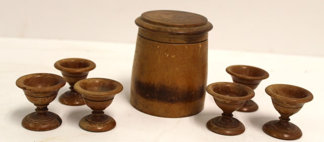 Lot of 7 antique treen items incl small cannister & 6 small compote form salts - 3"x 2 3/4" diam & 1