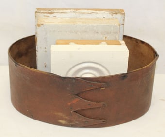 Antique finger lapped oval pantry box w 4 wooden painted white architectural squares - 5"x5 1/2" &