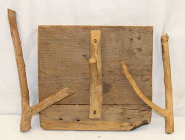 Lot of 3 antique wooden barn hooks - 1 mounted on wood plank - 17", 12" & 15"x13"
