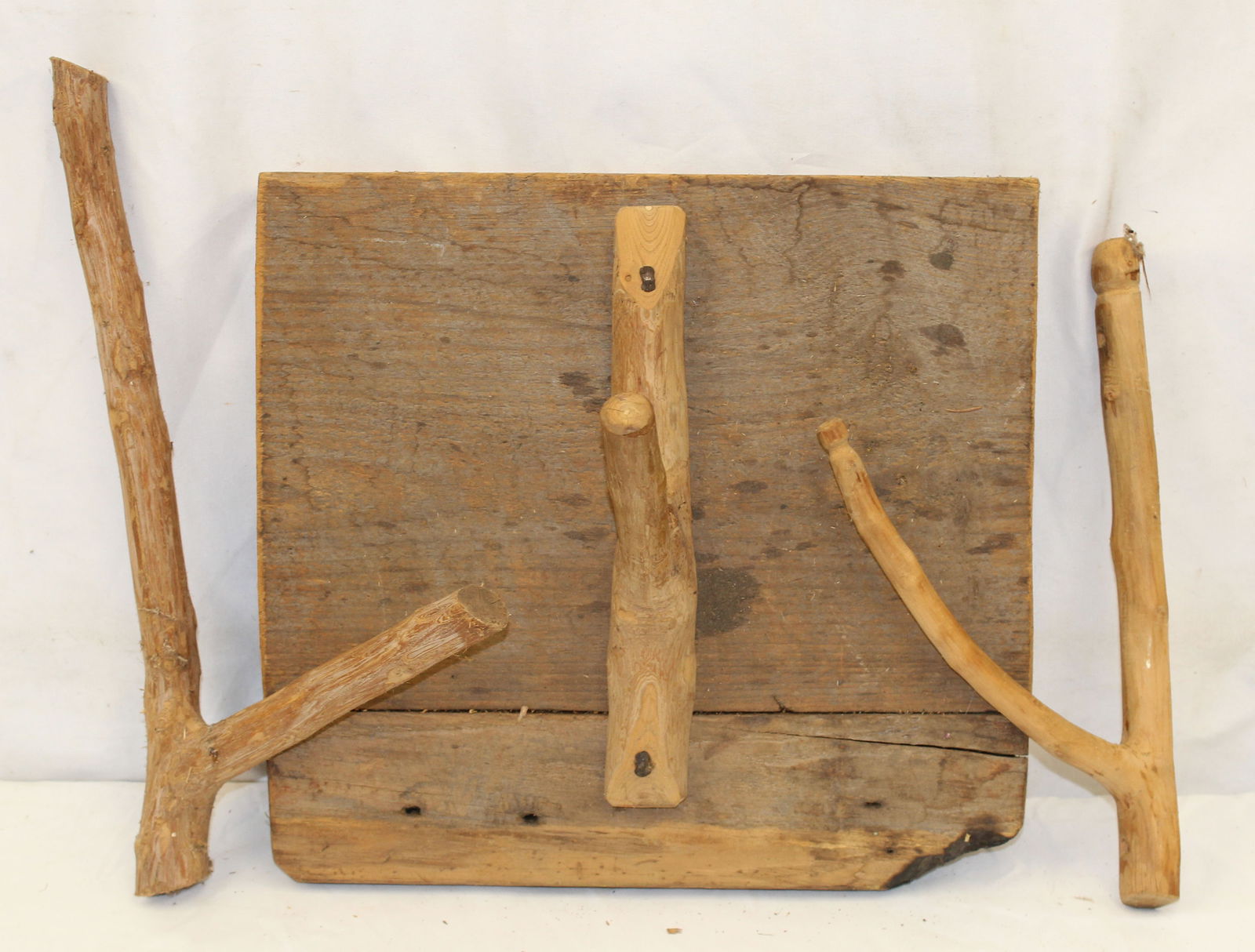 Lot of 3 antique wooden barn hooks - 1 mounted on wood plank - 17", 12" & 15"x13": Lot of 3 antique wooden barn hooks - 1 mounted on wood plank - 17", 12" & 15"x13"