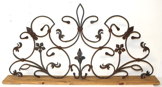 Architectural wrought iron decorative piece (from a gate) mounted on a wood plank - 48"x25"