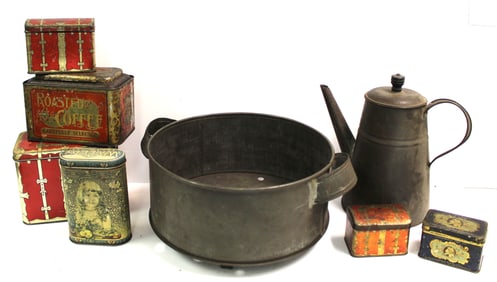Lot of antique tin incl tea cannisters, coffee pot, etc