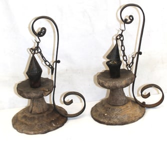 Pr of wood & iron make do candlesticks - 12" x 6"