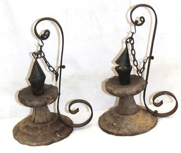 Pr of wood & iron make do candlesticks - 12" x 6": Pr of wood & iron make do candlesticks - 12" x 6"