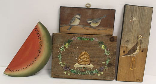 Lot of 4 wooden painted items - artists signed - 4 1/2"x9 1/2" watermelon, 4"x8", 6"x9 1/2" & 11