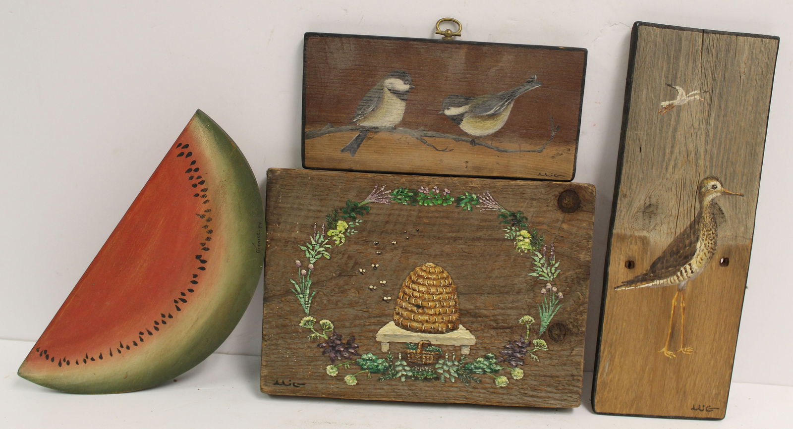 Lot of 4 wooden painted items - artists signed - 4 1/2"x9 1/2" watermelon, 4"x8", 6"x9 1/2" & 11 (1 of 9)