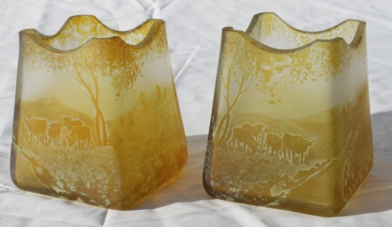 unusual pr of probably Austrian (Loetz?) amber iridesce: unusual pr of probably Austrian (Loetz?) amber iridescent Art Glass vases featuring pastoral scene w cows - 4"tall x 3 1/2" wide