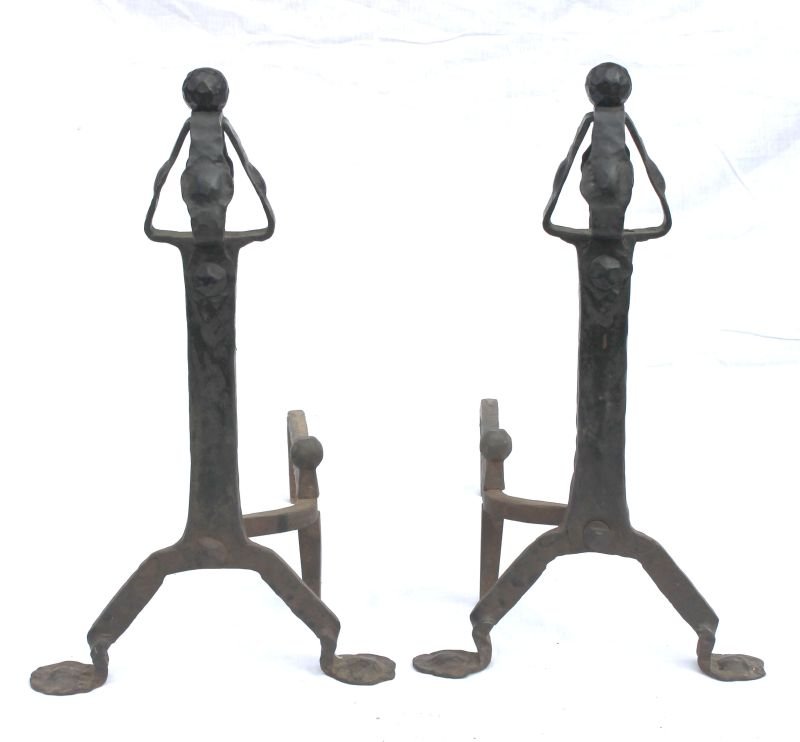 pr of unusual turn of the century American forged black: pr of unusual turn of the century American forged black-iron Arts & Crafts andirons - 22" tall