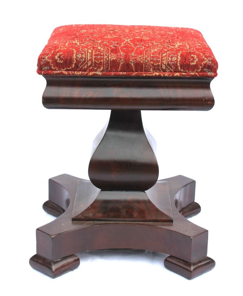 ca 1825 exceptional quality Honduras mahog period Empir: ca 1825 exceptional quality Honduras mahog period Empire organ stool w chenile Heriz-like geometric pattern fabric - 19" tall x 15" wide x 15" deep