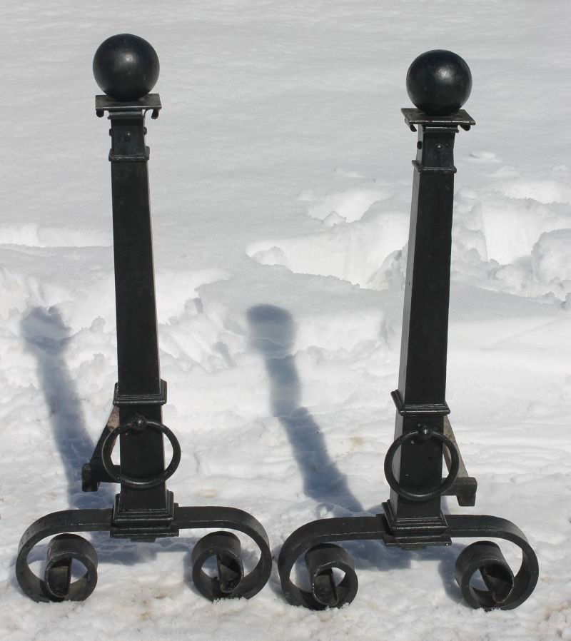 antique monumental pr of cast iron cannonball top andir: antique monumental pr of cast iron cannonball top andirons - 34" tall