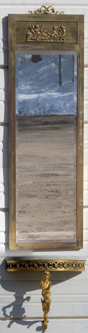 wonderful probably French bronze figural wall hanging m: wonderful probably French bronze figural wall hanging marble top console table w overhanging mirror - out of a NYC apartment