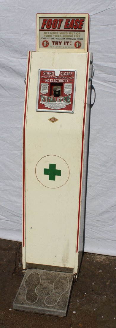 Atlantic Boardwalk penny operated foot massage machine : Atlantic Boardwalk penny operated foot massage machine called "The Vitaliser" Mfg by Exhibit Supply Co Chicago - 63 1/2" tall