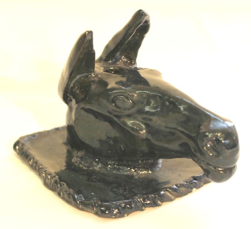 rare sgnd George Ohr donkey head blue glazed pen holder: rare sgnd George Ohr donkey head blue glazed pen holder - 4 1/2" tall x 4" wide x 3 1/2" relief height
