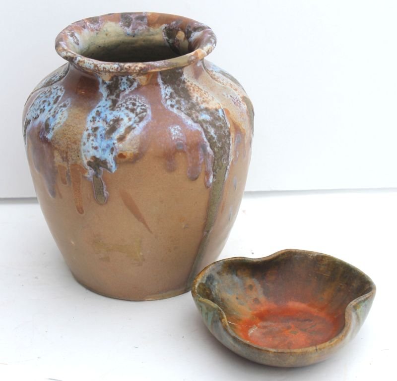 lot of 2 Pewabic pottery items incl early sgnd 4" pin t: lot of 2 Pewabic pottery items incl early sgnd 4" pin tray (hairline) & an unmarked 6" Arts & Crafts form desirable form cabinet vase