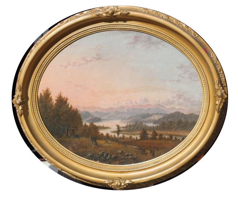 wonderful ca 1860 17 1/2" x 21" oval framed landscape o: wonderful ca 1860 17 1/2" x 21" oval framed landscape of the upper CT River showing a rough-cut logged shoreline near fields, mountains & the river itself