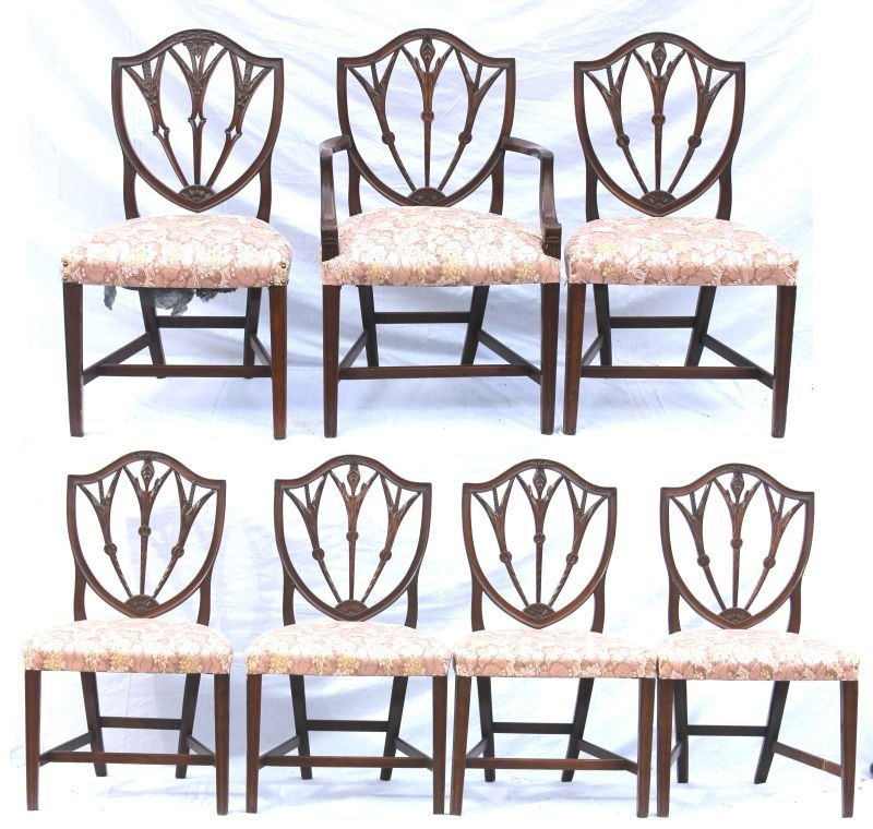 Exceptional set of 7 (6 matched – one near) Salem, MA p: Exceptional set of 7 (6 matched – one near) Salem, MA period Hepplewhite ca 1790-1805 beautifully carved mahogany shield back dining chairs