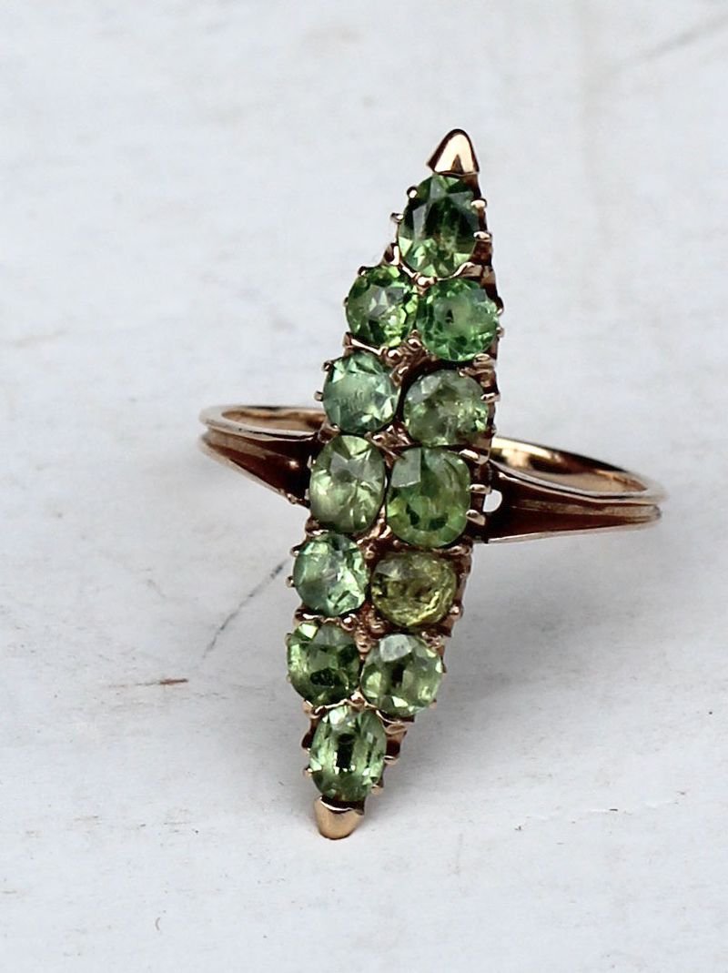 14k gold navatte shaped ring w demantoid garnets: 14k gold navatte shaped ring w demantoid garnets