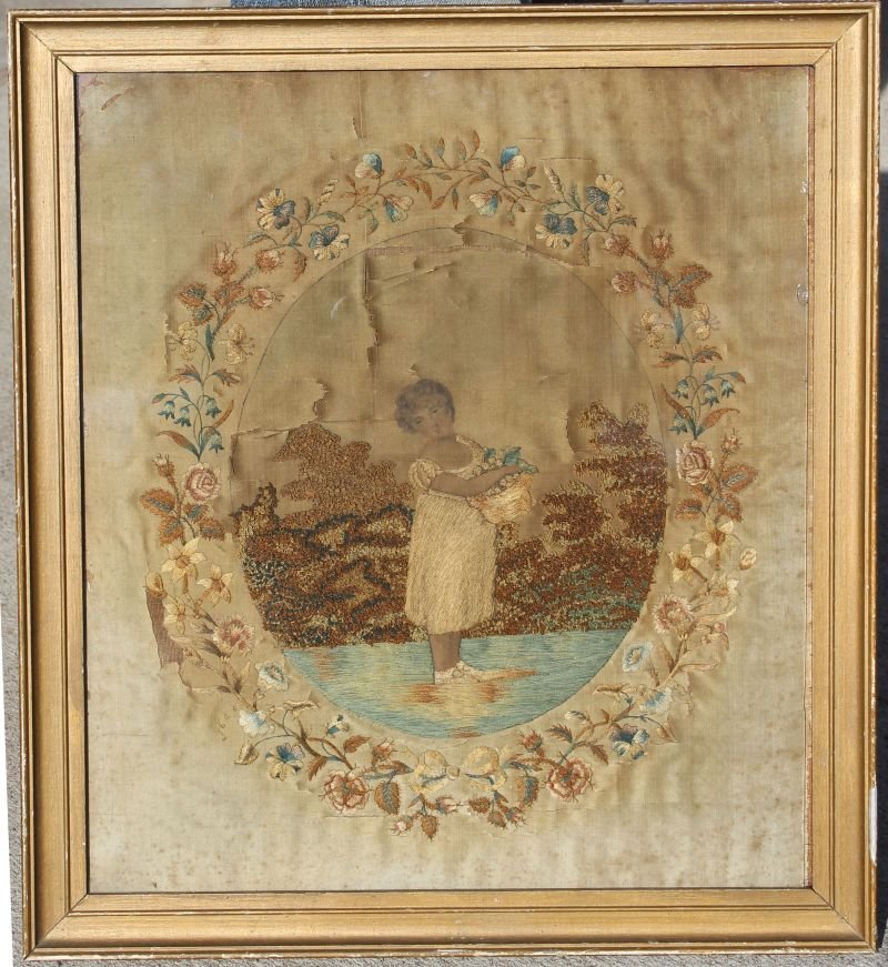 ca 1790 framed silk painted & needlework child w basket: ca 1790 framed silk painted & needlework child w basket full of fruit in an oval presentation surrounded by a border of embroidered flowers - 18"x16"