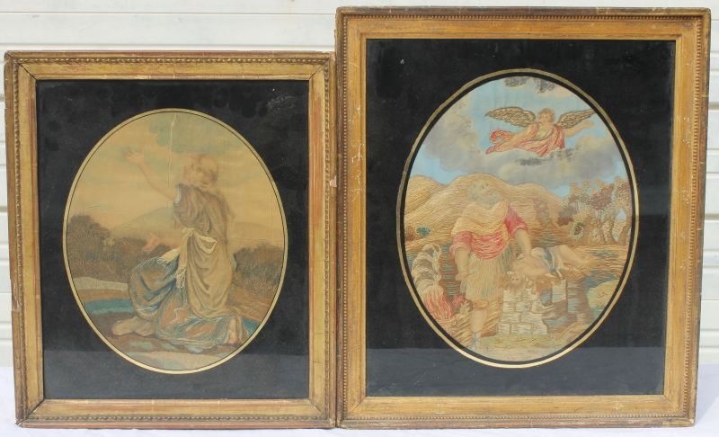 2 early 19thC academy stitch on silk oval needleworks w: 2 early 19thC academy stitch on silk oval needleworks w reverse painted mats - Abraham & Isaac 20x17 1/2" framed size & Ruth ? 17 1/2 x 15 1/4" framed size