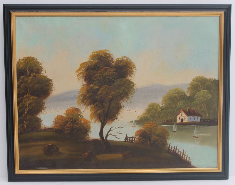19thC naïve school Hudson River 18 1/2" x 24" o/c - Thi: 19thC naïve school Hudson River 18 1/2" x 24" o/c - This painting has a museum level restoration